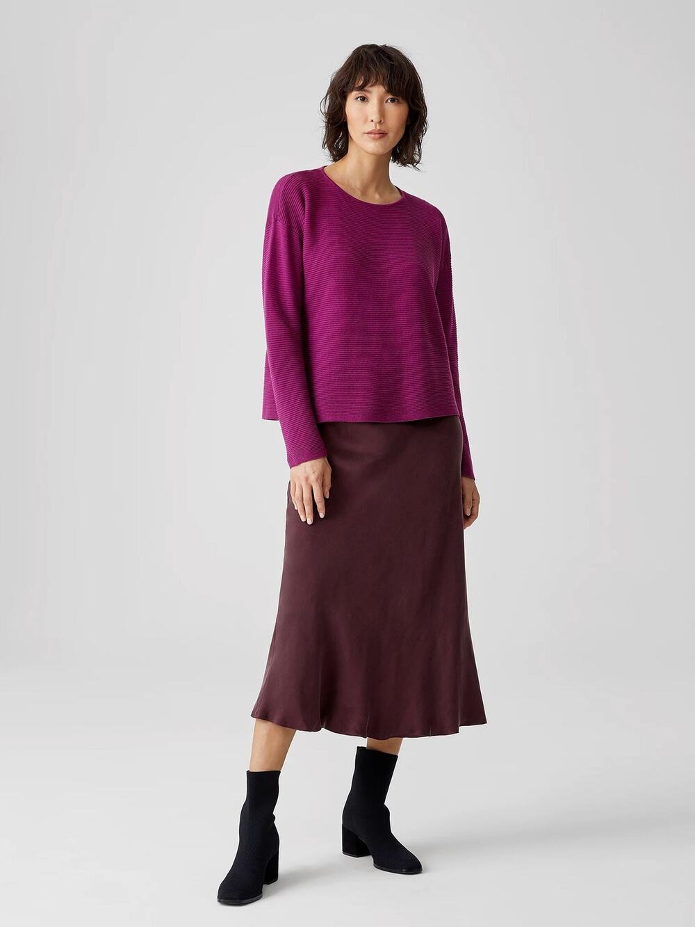 New Eileen Fisher Crew Neck Box-Top Purple Ribbed Knit Linen Long Sleeve Sz L